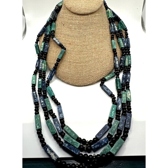 Multi Strand Boho Blue Green Boho Necklace Rectangle Shape Acrylic Beads - Picture 9 of 9
